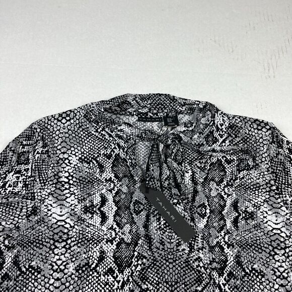 Tahari Neck Tie Knit Top Snakeskin Print Work Neck Tie Stretch Blouse MEDIUM NEW - Picture 4 of 12